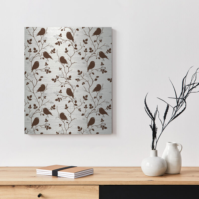 Metallbild_Vögel-mit-Ästen_gebürstet Metallbild Vögel mit Ästen