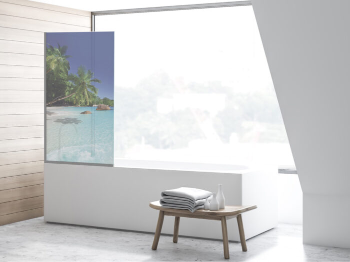 Badezimmerglas_Palmenstrand_80x140 Duschtrennwand für Badewannen Palmenstrand