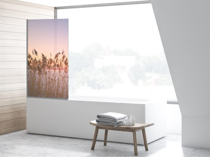 Badezimmerglas_Winterabend_80x140 Duschtrennwand für Badewannen Winterabend