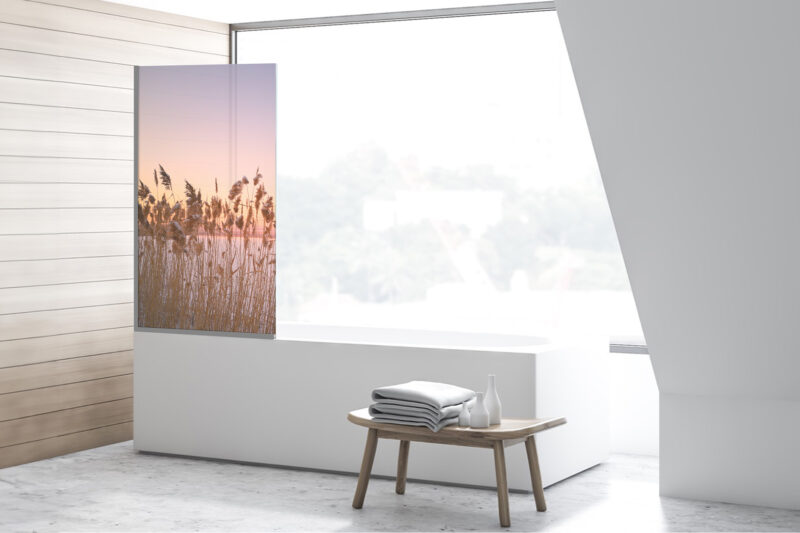 Badezimmerglas_Winterabend_80x140 Duschtrennwand für Badewannen Winterabend