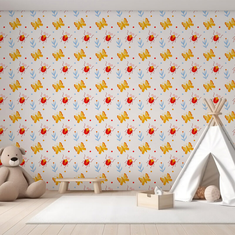 Kindertapete Schmetterling und Marienkäfer