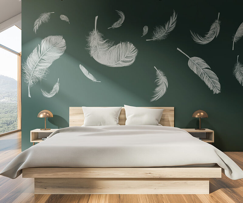 Tapete_Schlafzimmer_feather-green Tapete Feathers Green