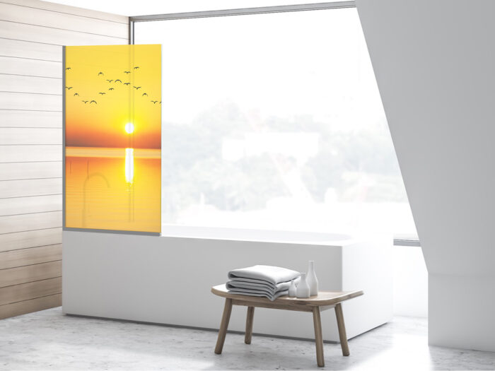Badezimmerglas_Voegel-im-Sonnenuntergang_80x140 Duschtrennwand für Badewannen Vögel im Sonnenuntergang