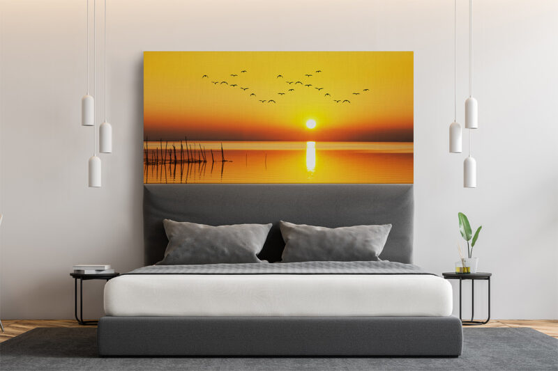 Bettkopfteil Vögel im Sonnenuntergang