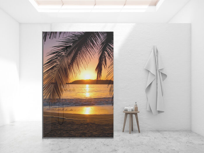 Duschtrennwand_140x120_Sonnenuntergang-am-Strand Duschtrennwand für Walk-in Duschen Sonnenuntergang am Strand