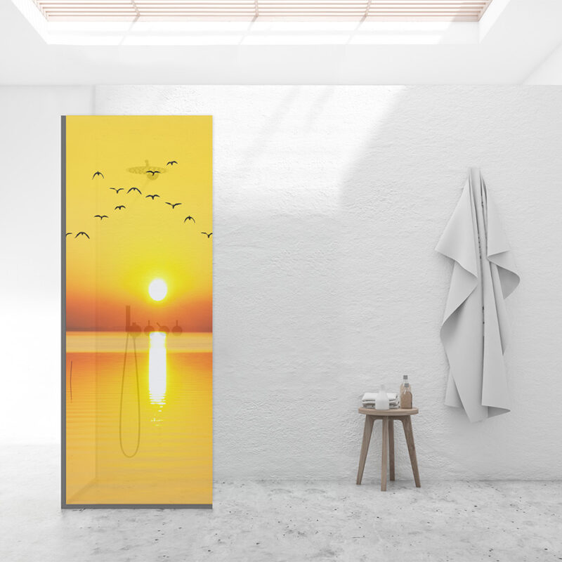 Duschtrennwand für Walk-in Duschen Vögel im Sonnenuntergang